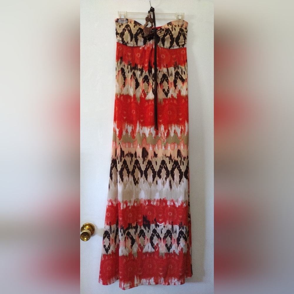 Rue21 long strapless multicolored dress with wooden accent size S